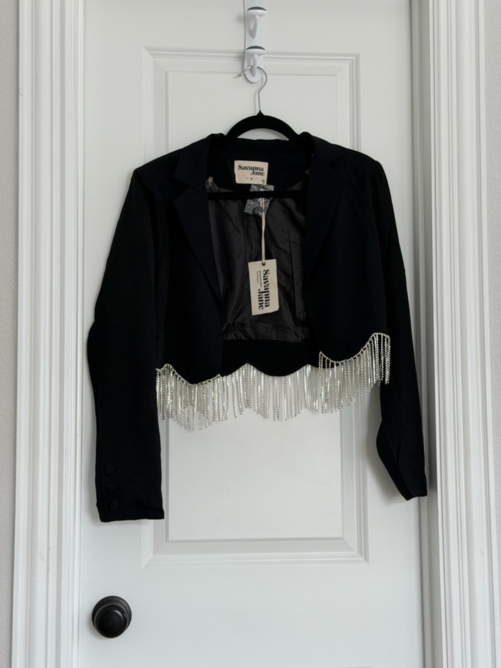Savanna Jane Black Cropped Blazer with Silver Chain Fringe